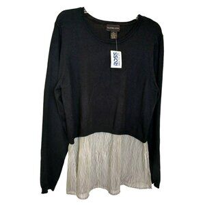 Allegra Gold Womans Large Black & White Knit Top W/ Sheer Layered Hem LS D45